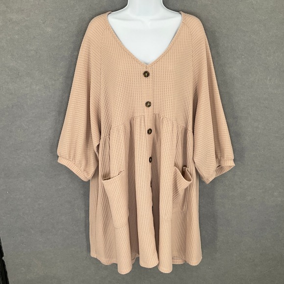 Umgee Dress Women XL Waffle Knit Beige Buttons 3/4 Sleeves Pockets Bohemian - Picture 1 of 12